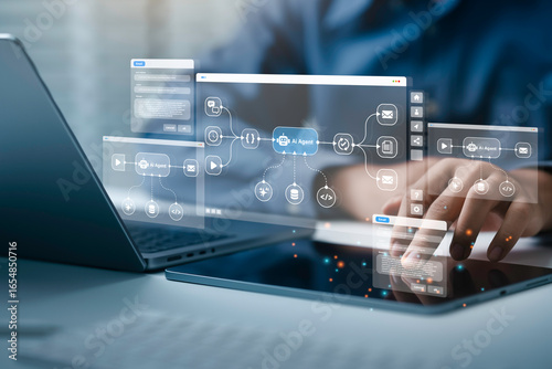 AI workflow automation concept. artificial intelligence software, Businessman uses AI Agent with Coding flow process technology, interface nodes triggers data tools