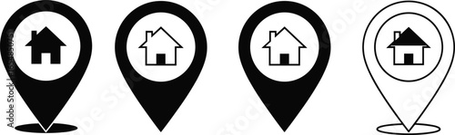 Black, outlined, and variant style location pin icons with house symbols, real estate markers, property map pointers, modern vector graphic set