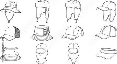 Collection of stylish hats and caps for various outdoor activities in line art