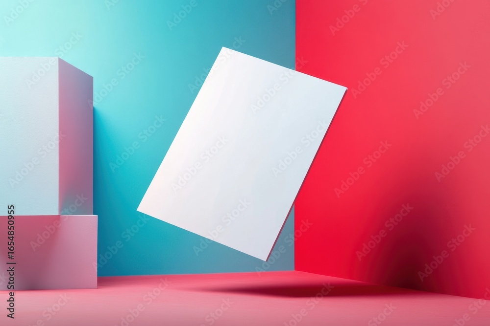 Naklejka premium Floating white rectangular object against vibrant color backdrop.