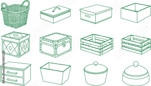 Collection of storage containers illustrated in a modern black and white design