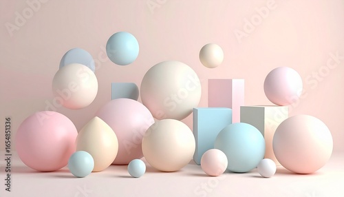 Realistic whimsical pastel 3D geometric shapes composition, floating abstract forms with smooth textures, playful yet elegant arrangement, vibrant pastel colors, soft neutral background, high detail, 