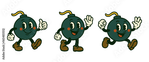 cartoon bombs walking or running with cheerful expressions.