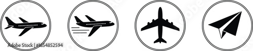 Commercial airplane and paper plane icons set, side and top views, motion line graphics, modern aviation symbols, travel vector illustrations