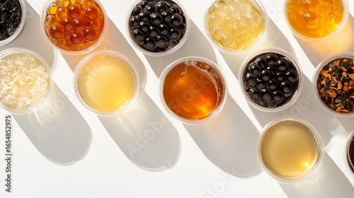 Top-Down View Assorted Boba Tea Ingredients and Drinks
