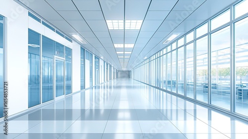 Modern Office Corridor with Glass Walls and Reflective Flooring