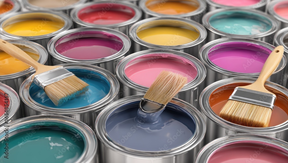 Fototapeta premium Colorful paint cans with paint brushes