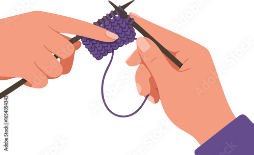Hands knitting purple yarn with needles close up vector illustration 