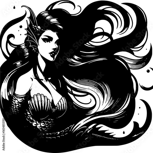 Mermaid in Darkness: A stunning artistic illustration captures the enigmatic beauty of a siren with flowing black hair and alluring mystique.