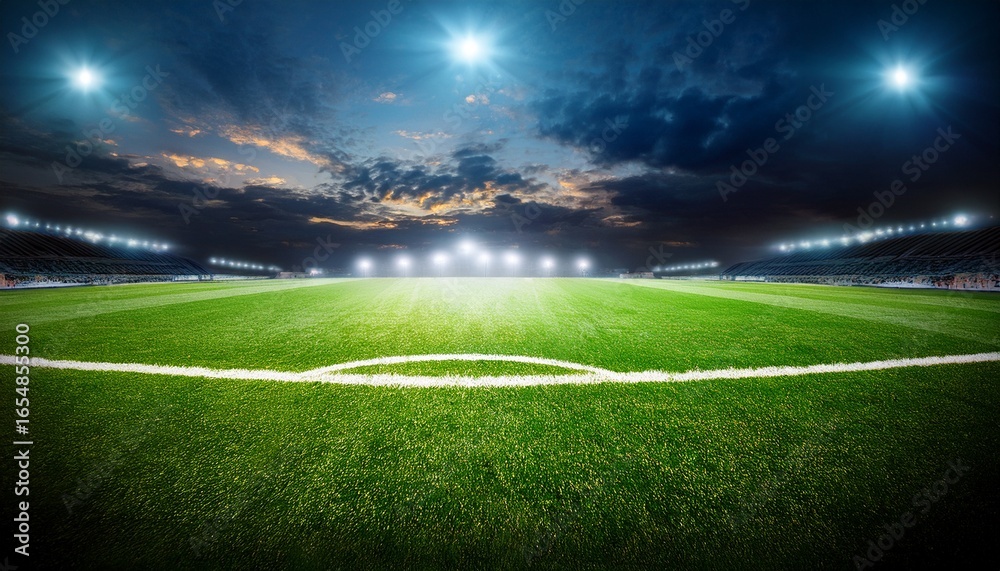 Fototapeta premium bright stadium lights illuminate the green field under a vast night sky with distant clouds