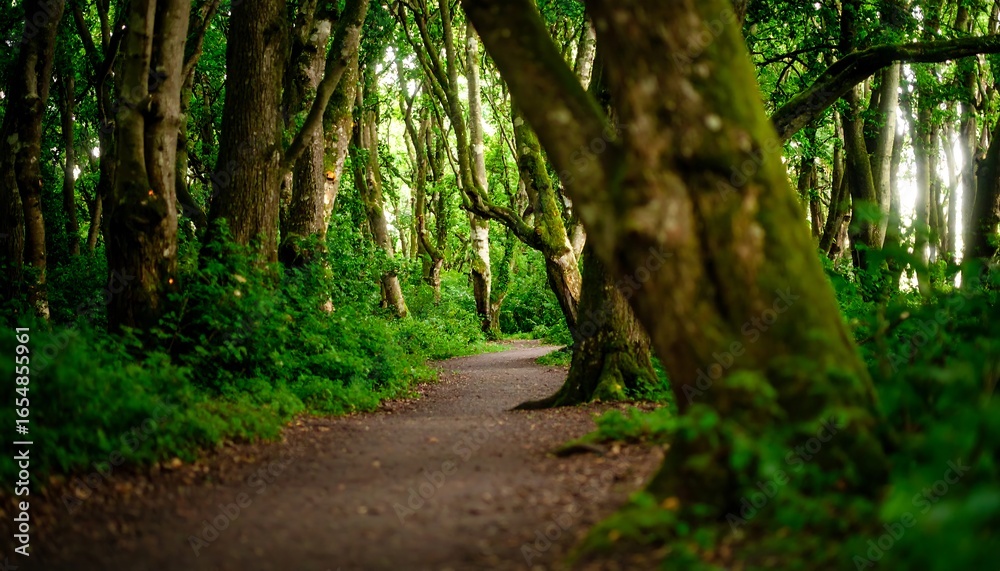 Obraz premium A pathway winds through a dense forest of tall trees, bathed in the soft, natural light of a sunny day.