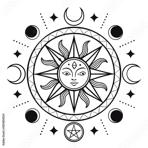 Black and white celestial sun moon stars and pentagram mandala design vector