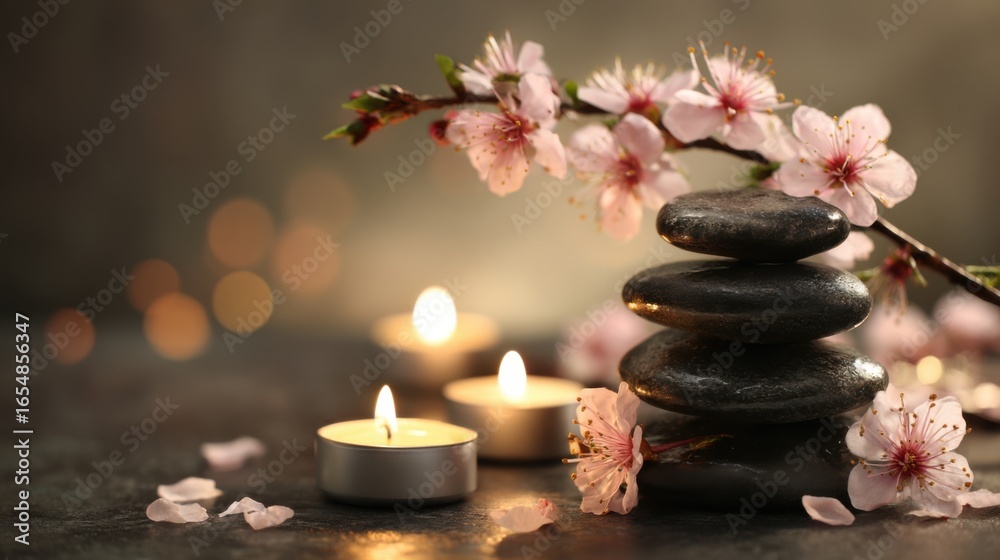 Obraz premium Serene spa scene featuring stacked black stones tea light candles and cherry blossoms in soft focus studio shot