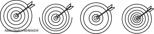 Target icons with arrows, precision and accuracy symbols, bullseye graphics, goal achievement visuals, vector design, black silhouette, success concept
