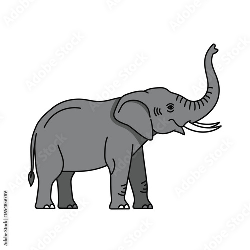 A gray elephant stands proudly, its trunk raised, and tusks visible against white background.