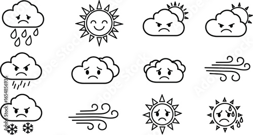 Cute weather icons with sad and angry faces express emotions