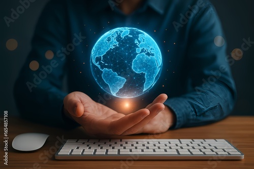 Digital World and Global Connectivity Concept – Person Holding Virtual Globe Above Keyboard