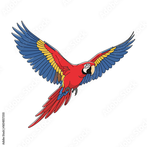 A vibrant, cartoon illustration of a macaw bird in full flight, wings spread wide.