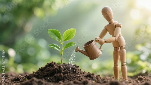 Wooden mannequin watering young green plant in soil symbolizing growth and sustainability.