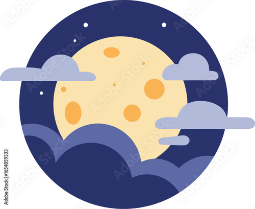 A bright full moon shines through wispy clouds against a starry night sky in a circular graphic illustration