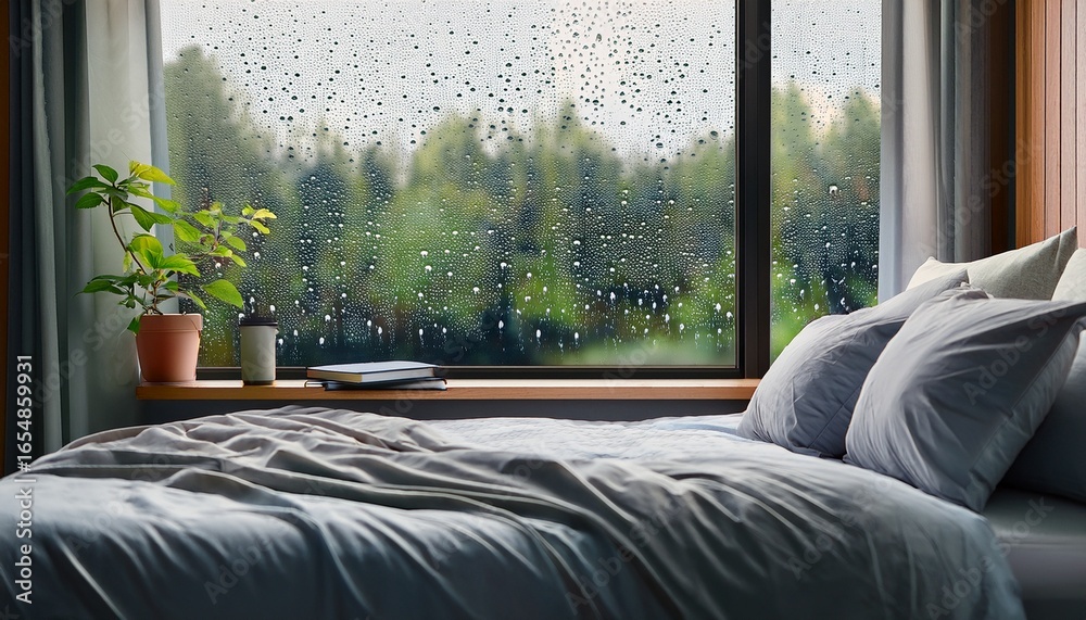 Fototapeta premium a cozy bed by the window with raindrops on the glass