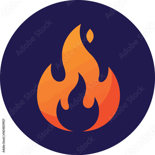 Stylized fiery flame icon with vibrant orange and yellow hues set against a dark blue circular background representing heat and energy