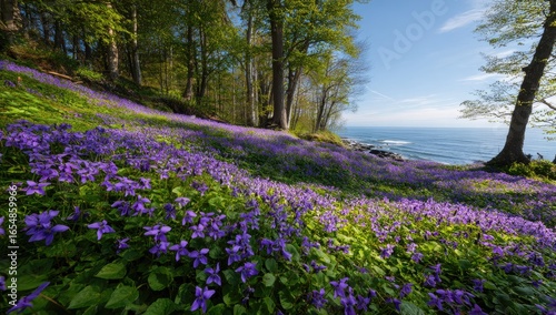 Lush hillside blanketed in vibrant purple flowers, overlooking a serene ocean vista