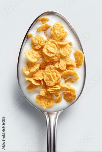 Spoonful of Cornflakes Cereal with Milk Overhead Shot Breakfast Food Still Life Simple Minimalist Nutrition Healthy Eating