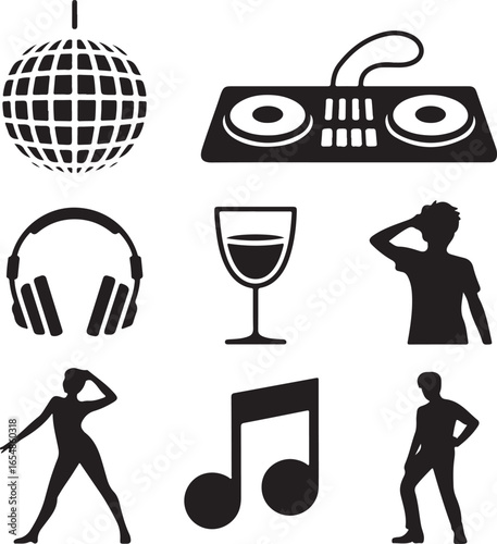 Disco Ball DJ Deck Headphones Wine Glass Dancing People Music Note Party Icons dj deck turntable