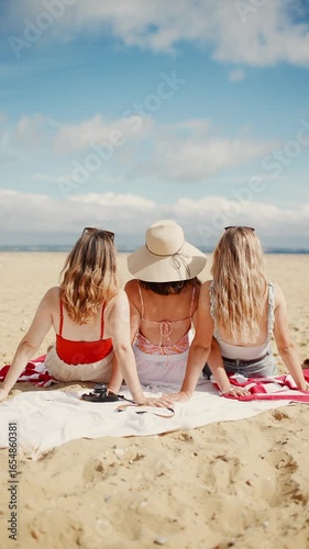 Three women are sitting on a blanket on the beach. One of them is wearing a hat. Scene is relaxed and carefree