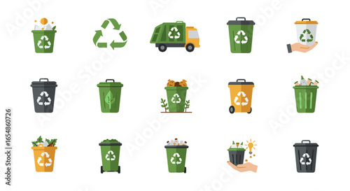 Colorful recycling and waste management icons for environmental awareness
