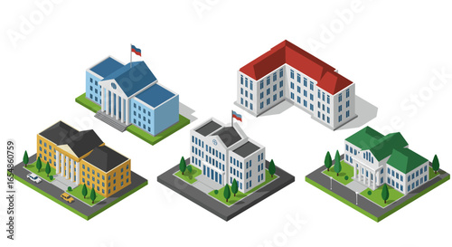 Isometric government buildings collection with flags and trees