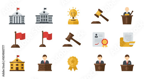 Government and legal icons set featuring symbols of justice, politics, and awards in flat design