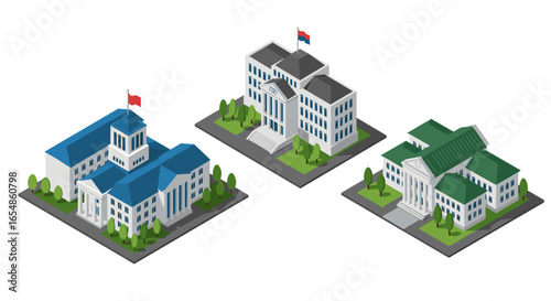 Isometric government buildings with flags and green roofs