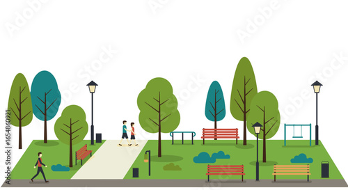 Peaceful flat design park with trees, benches, and walking path