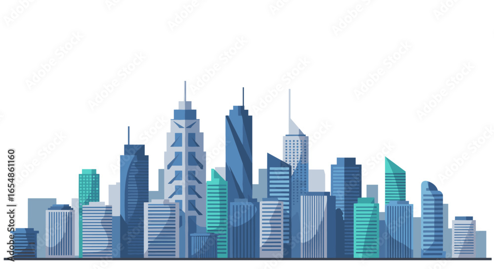 Fototapeta premium Modern city skyline in flat style with blue and green tones