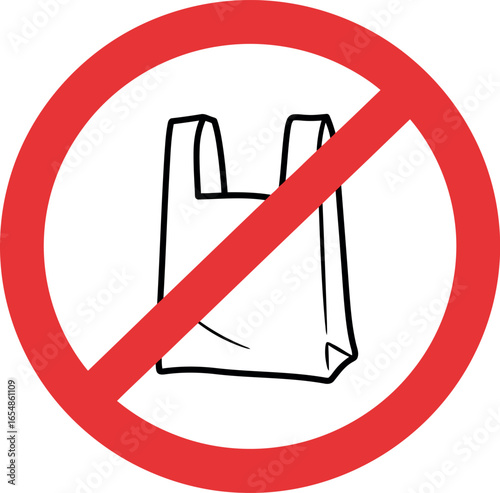 A red prohibition circle with a diagonal line crosses over a simple drawing of a plastic shopping bag indicating a ban on plastic bags
