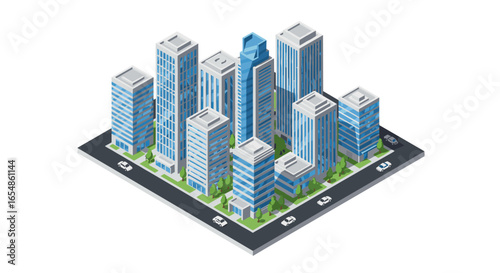 Isometric cityscape with modern skyscrapers and streets