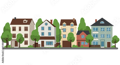 Charming row of colorful houses with trees and fences in flat design
