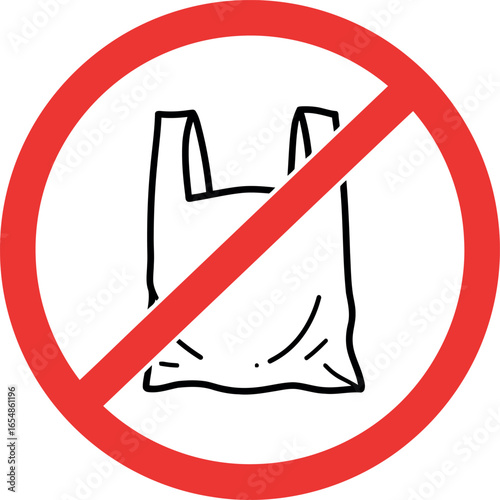 Illustration of a red prohibition sign with a crossed out plastic bag symbolizing a ban on single use plastic bags and promoting sustainability