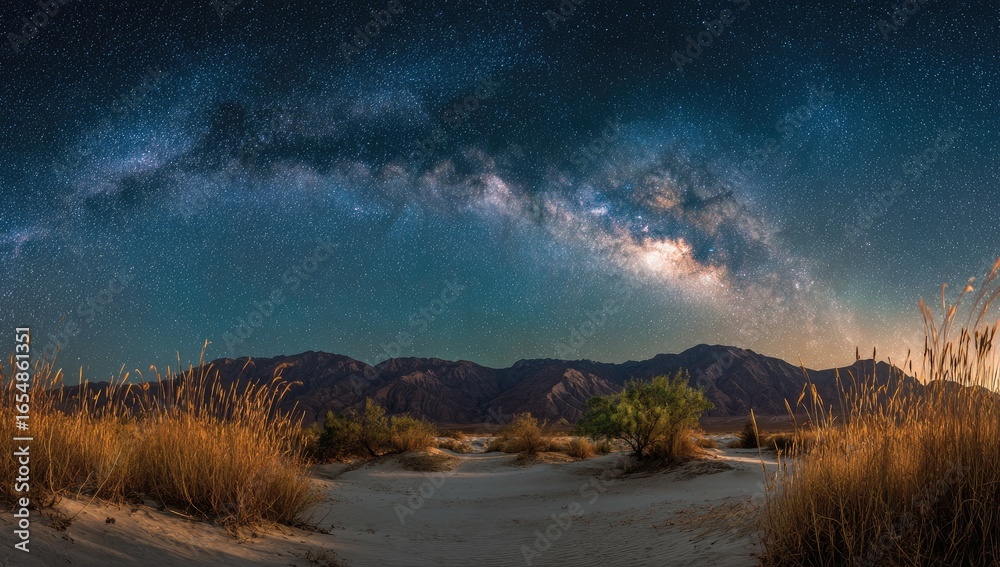 Fototapeta premium Panoramic night sky over desert mountains