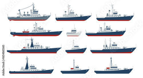 Collection of various ships and boats in flat style