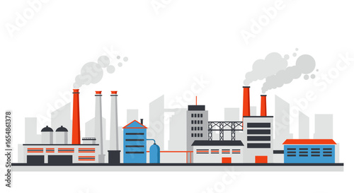 Minimalist industrial cityscape with factories and smokestacks