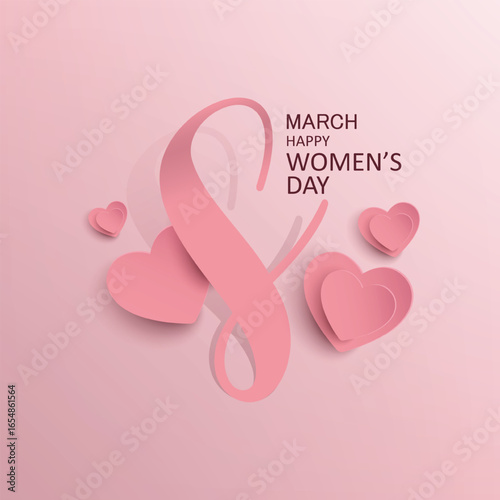 International Women’s Day poster with pink number eight and heart decorations