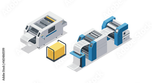 Modern printing machines in isometric style with paper stack
