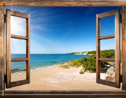 Wallpaper Mural serene view of a sunny coastline through an open rustic wooden window Torontodigital.ca