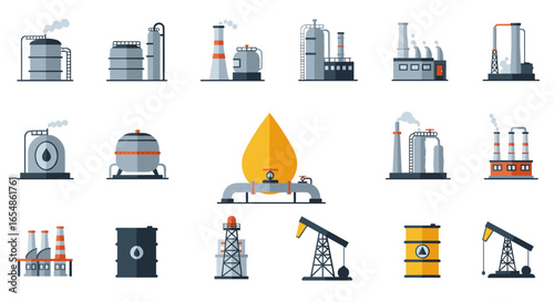 Industrial energy icons set featuring oil, gas, and refinery facilities with flat design