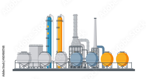 Industrial plant illustration with detailed equipment and storage tanks