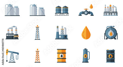 Flat industrial icons of oil and gas industry equipment in modern design