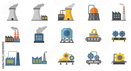 Colorful industrial plant icons set with factories and machines